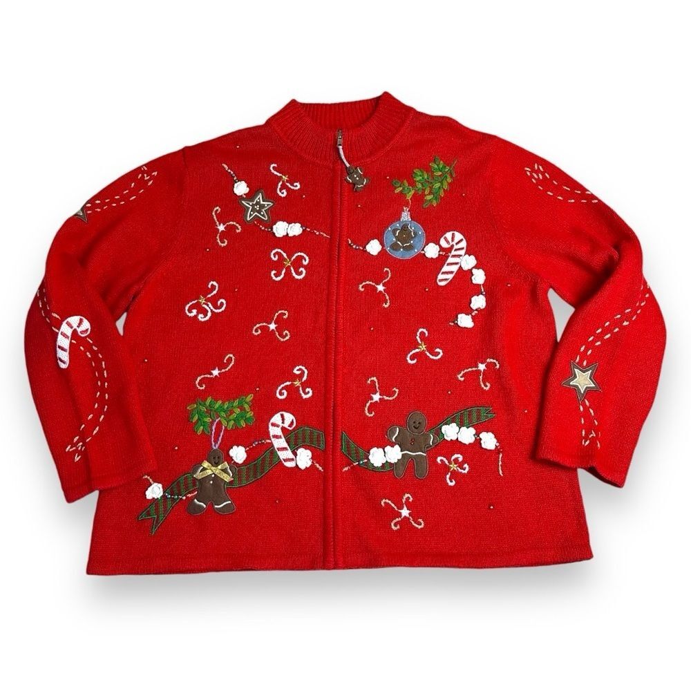 Vintage red embellished Christmas sweater ramie & cotton sz XL